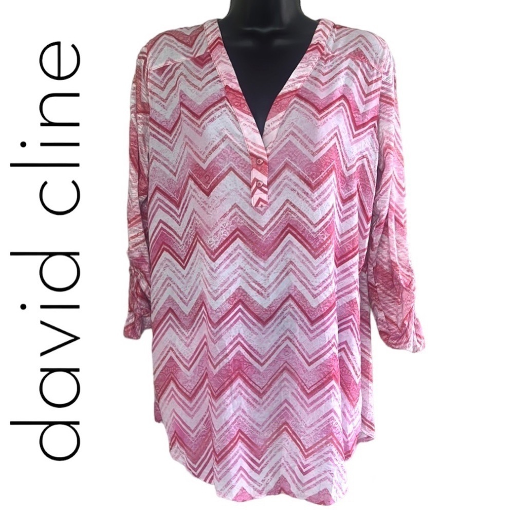 David Cline Women’s Pink/White Chevron Print 3/4 Sleeve Blouse Size L